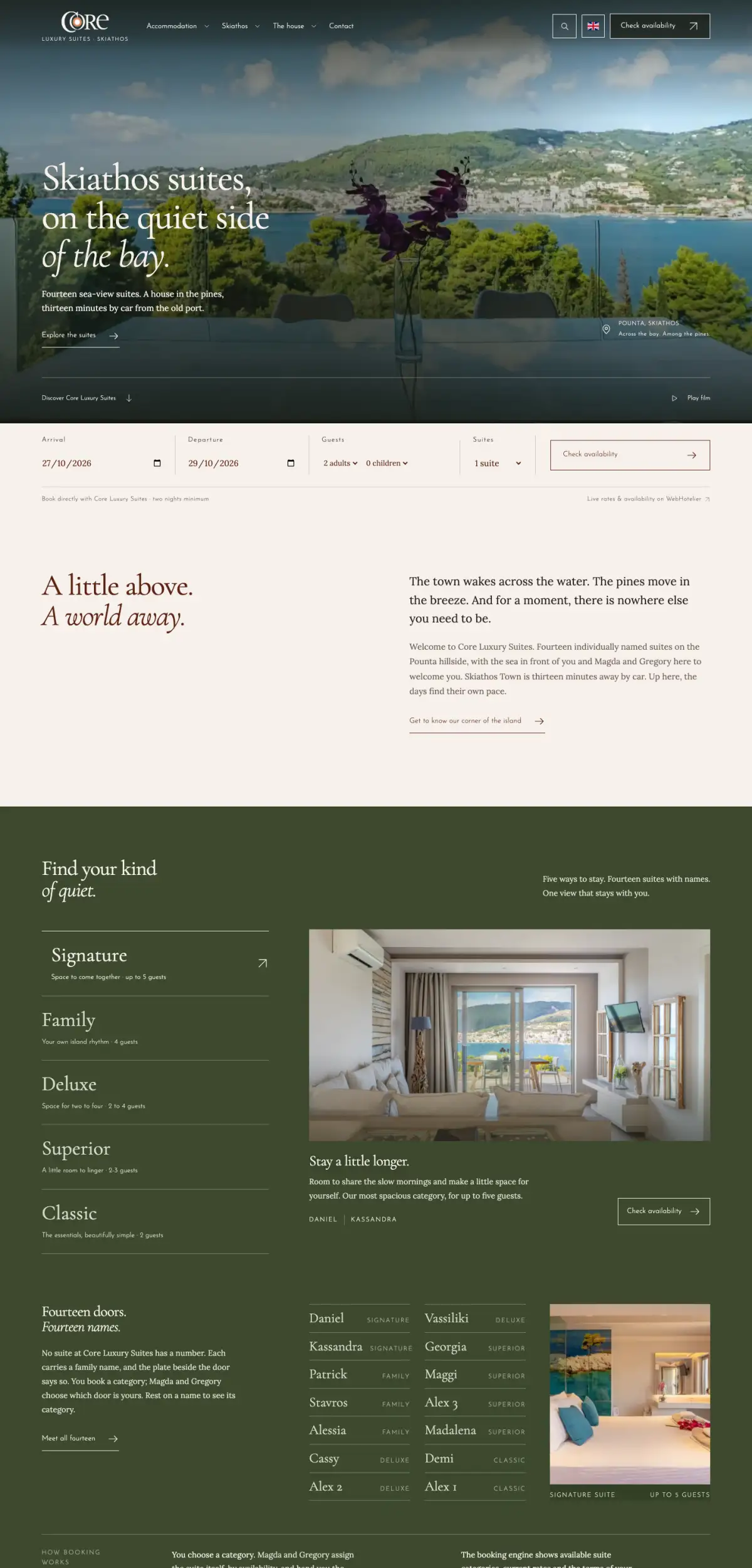 The Core Luxury Suites homepage on a desktop screen.