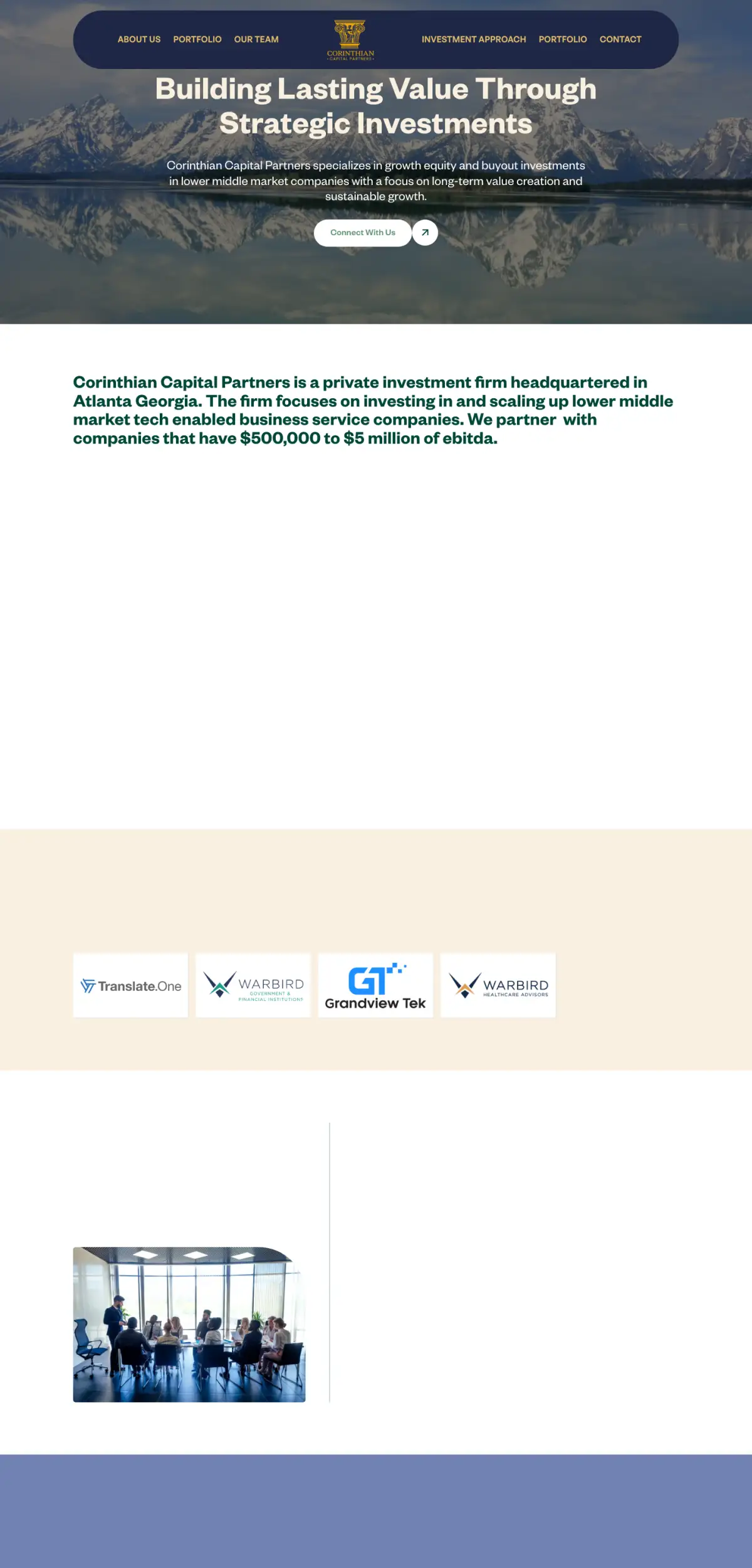 The Corinthian Capital Partners homepage on a desktop screen.